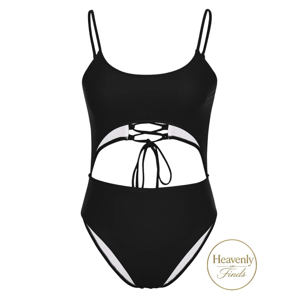 Meyeeka Cutout One Piece Swimsuit Size Medium (US6-8) Black Lace Up Monokini NWT
